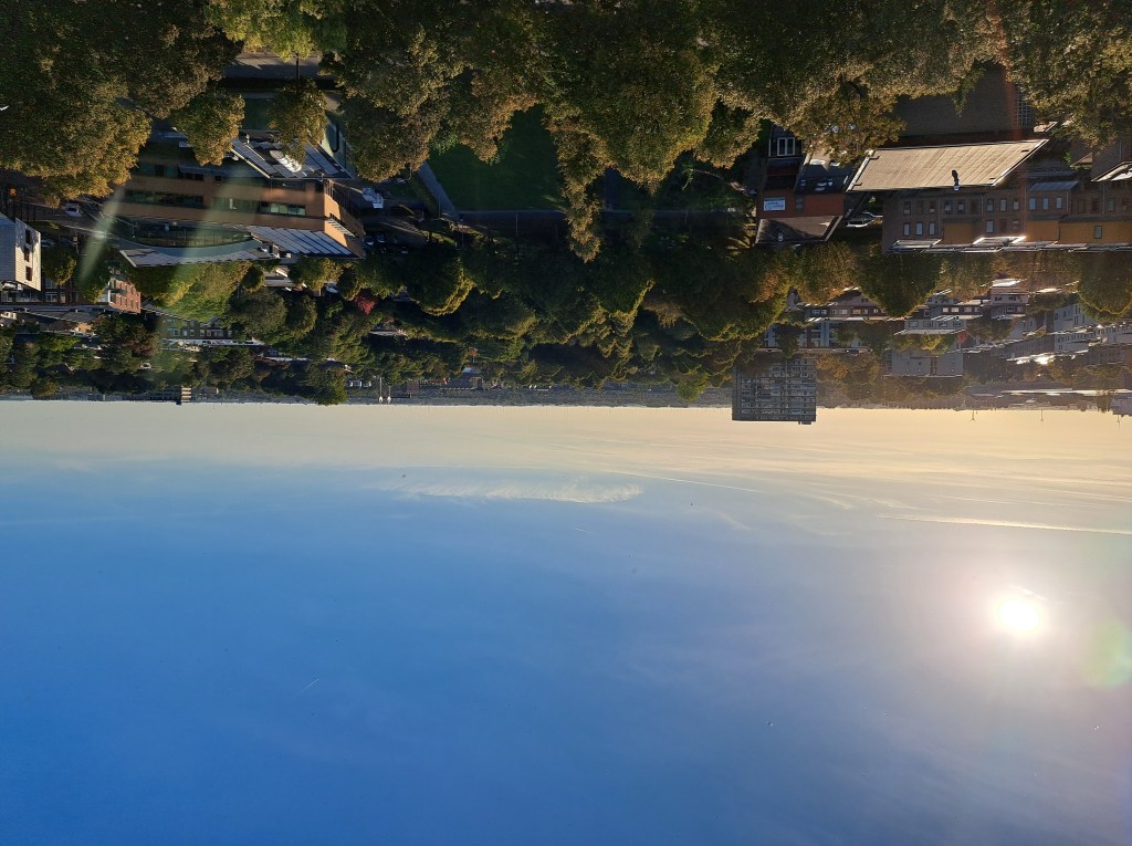 Landschap met een helderblauwe lucht en de zon die ondergaat, boven een verzameling gebouwen en bomen.